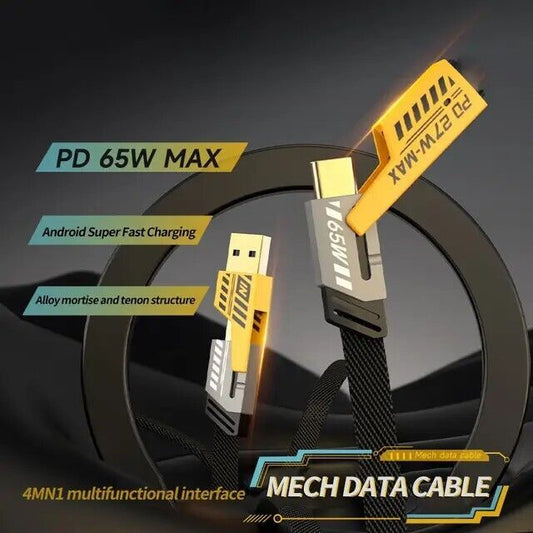 4 in 1 Braided Fast Charging Cable 65W | Quad 1.5m Rugged Design Multiport | Type C to Lightning | Type C to USB A | Compatible for iPhones, iPads, Tablets, MacBooks and Android Devices -Black